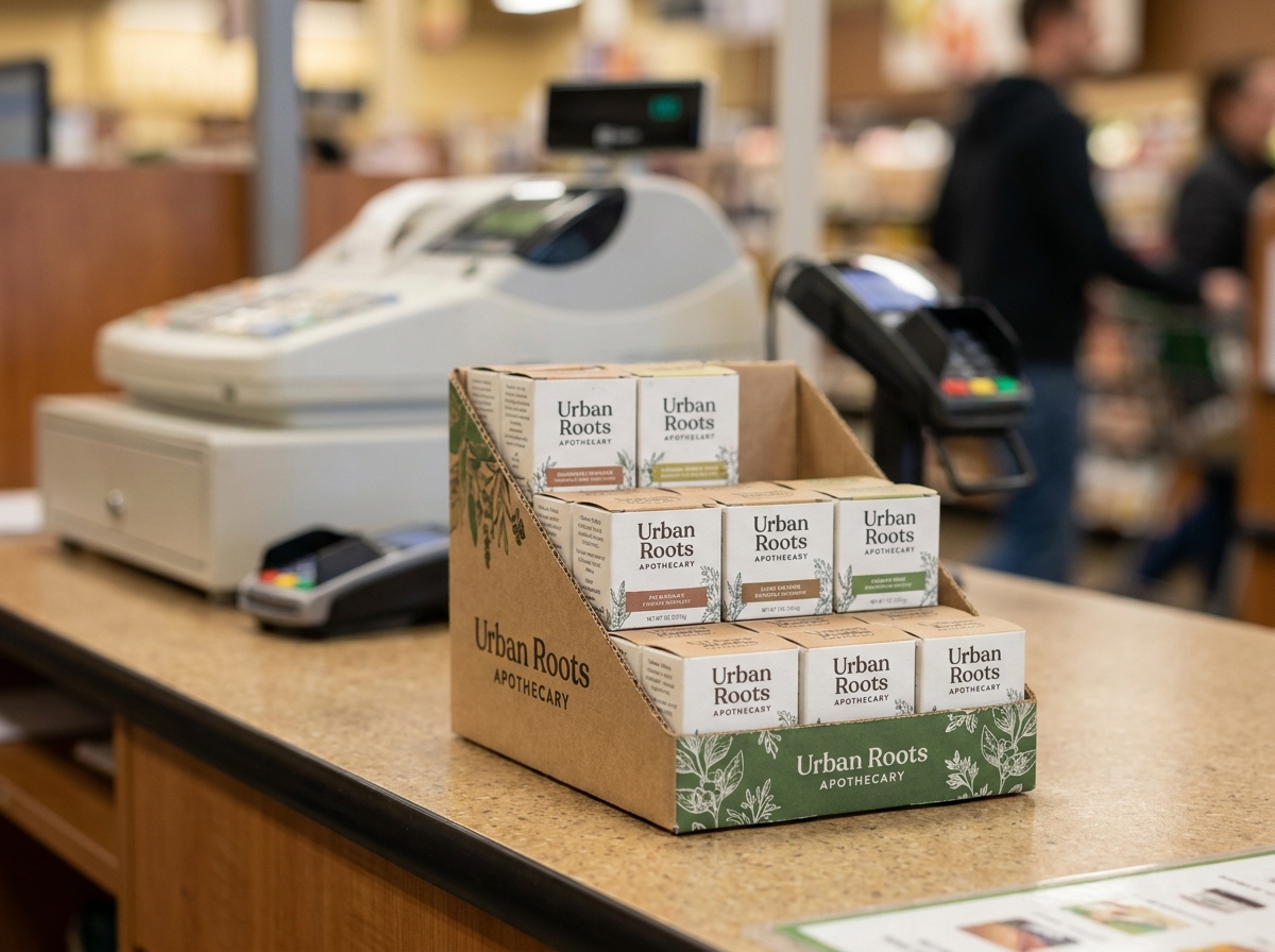 Présentoir comptoir en carton contenant des petits produits posé sur une caisse de supermarché