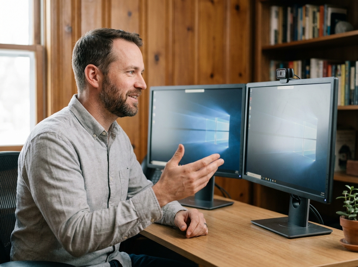 Homme utilisant une interface de prise en main à distance sur un double écran depuis son bureau à domicile, comme lors d'un appel vidéo naturel