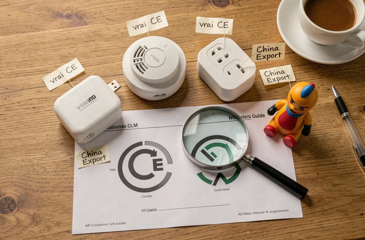 Vue à plat de plusieurs produits du quotidien avec étiquettes comparatives des logos CE européen et China Export sur un bureau en bois