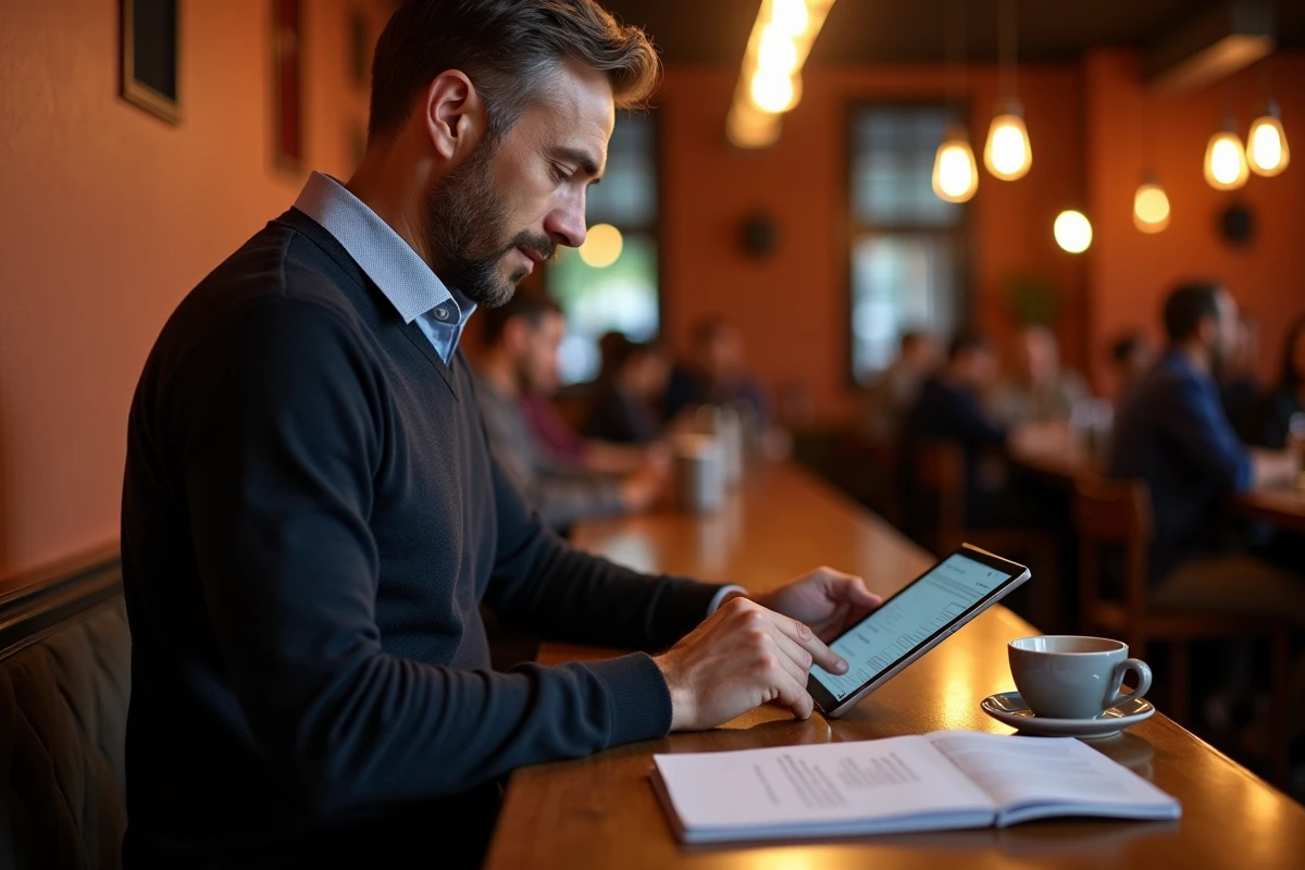 Homme d'affaires consultant une plateforme de mise en relation numérique sur tablette à côté d'un annuaire professionnel imprimé inutilisé dans un salon d'affaires