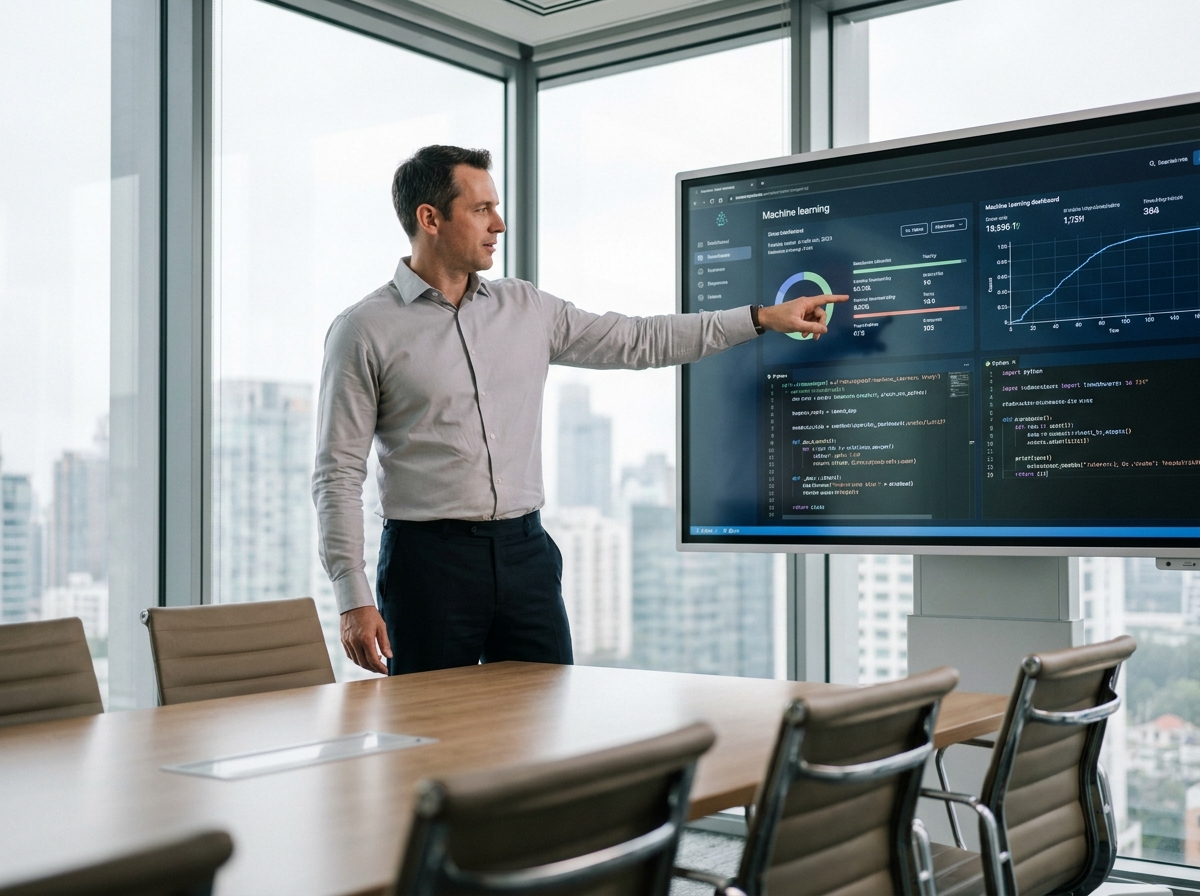 Professionnel présentant un tableau de bord d'intelligence artificielle et de machine learning lors d'une réunion technique en entreprise