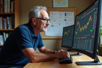 Professionnel du trot analysant des statistiques de courses sur le logiciel Infonet5 dans un bureau moderne