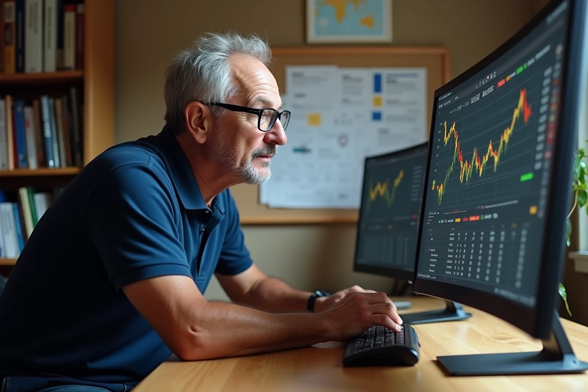 Professionnel du trot analysant des statistiques de courses sur le logiciel Infonet5 dans un bureau moderne