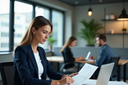 Professionnelle en blazer marine analysant des documents salariaux liés à la valeur point convention 51 en 2026 dans un bureau moderne