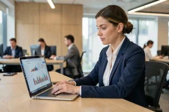 Professionnelle analysant un tableau de bord PPC avec graphiques de performance sur ordinateur portable dans un bureau moderne