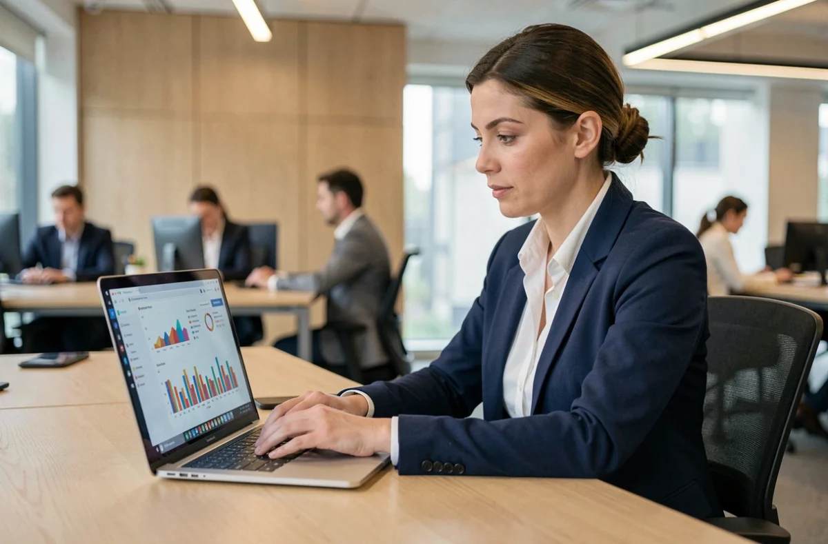 Professionnelle analysant un tableau de bord PPC avec graphiques de performance sur ordinateur portable dans un bureau moderne