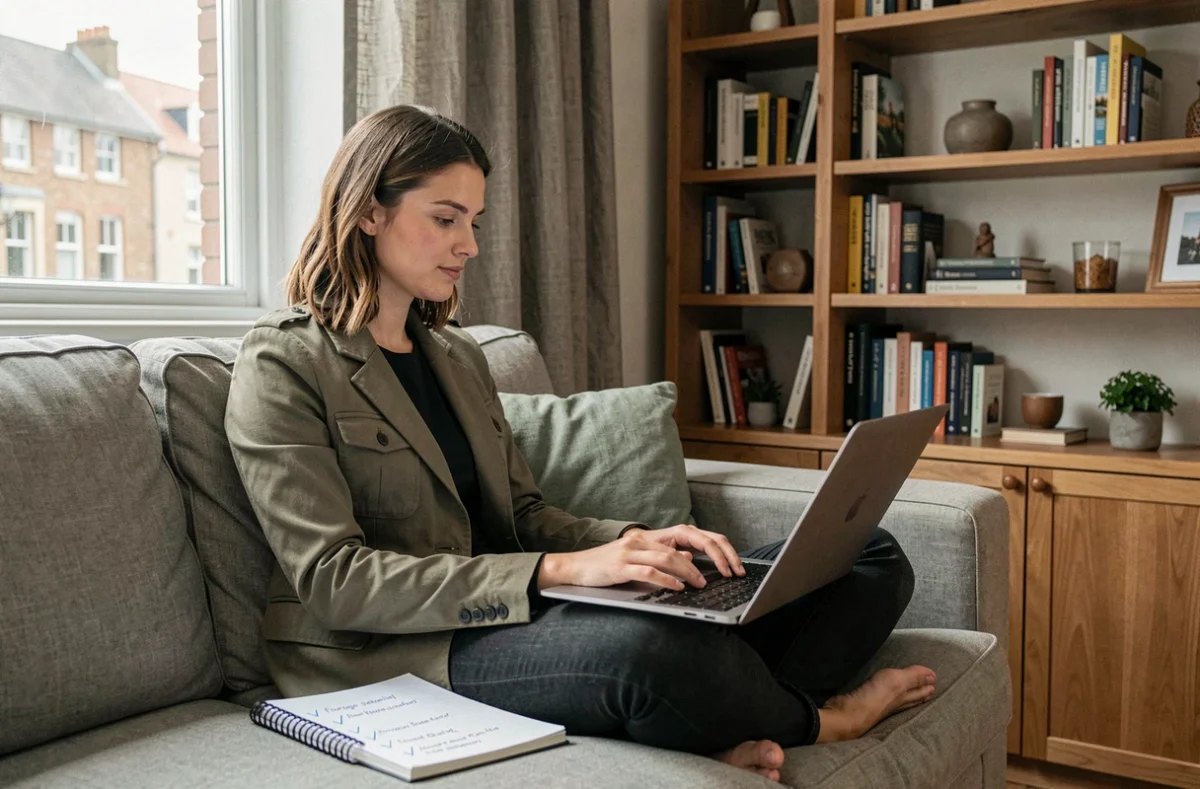 Jeune professionnelle comparant des sociétés de portage salarial sur son ordinateur depuis son bureau à domicile