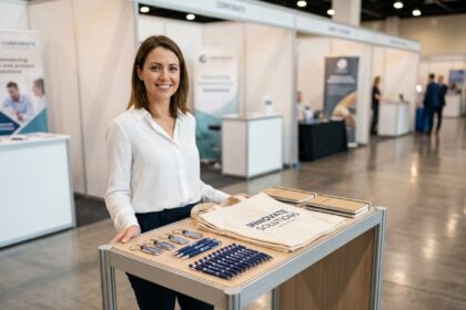 Professionnelle présentant des goodies et objets publicitaires personnalisés sur un stand de salon professionnel