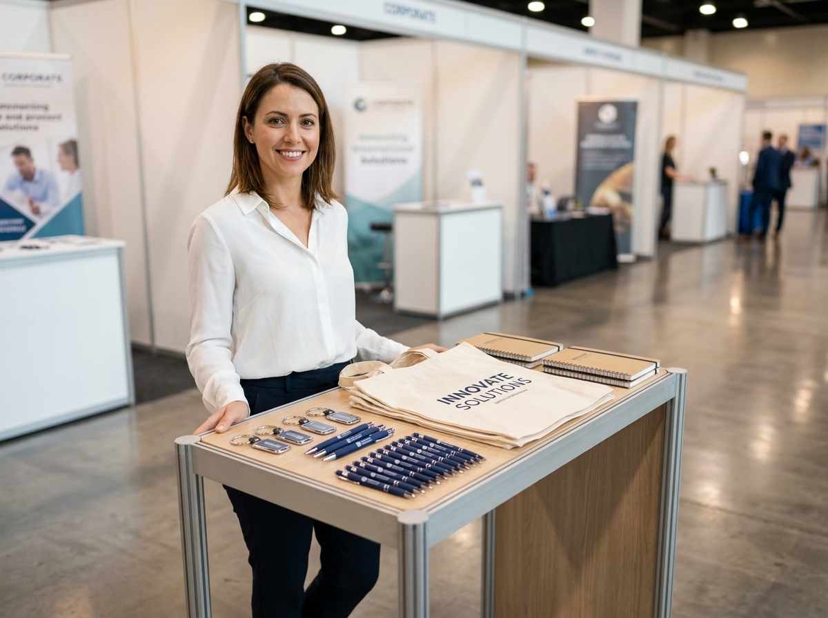 Professionnelle présentant des goodies et objets publicitaires personnalisés sur un stand de salon professionnel