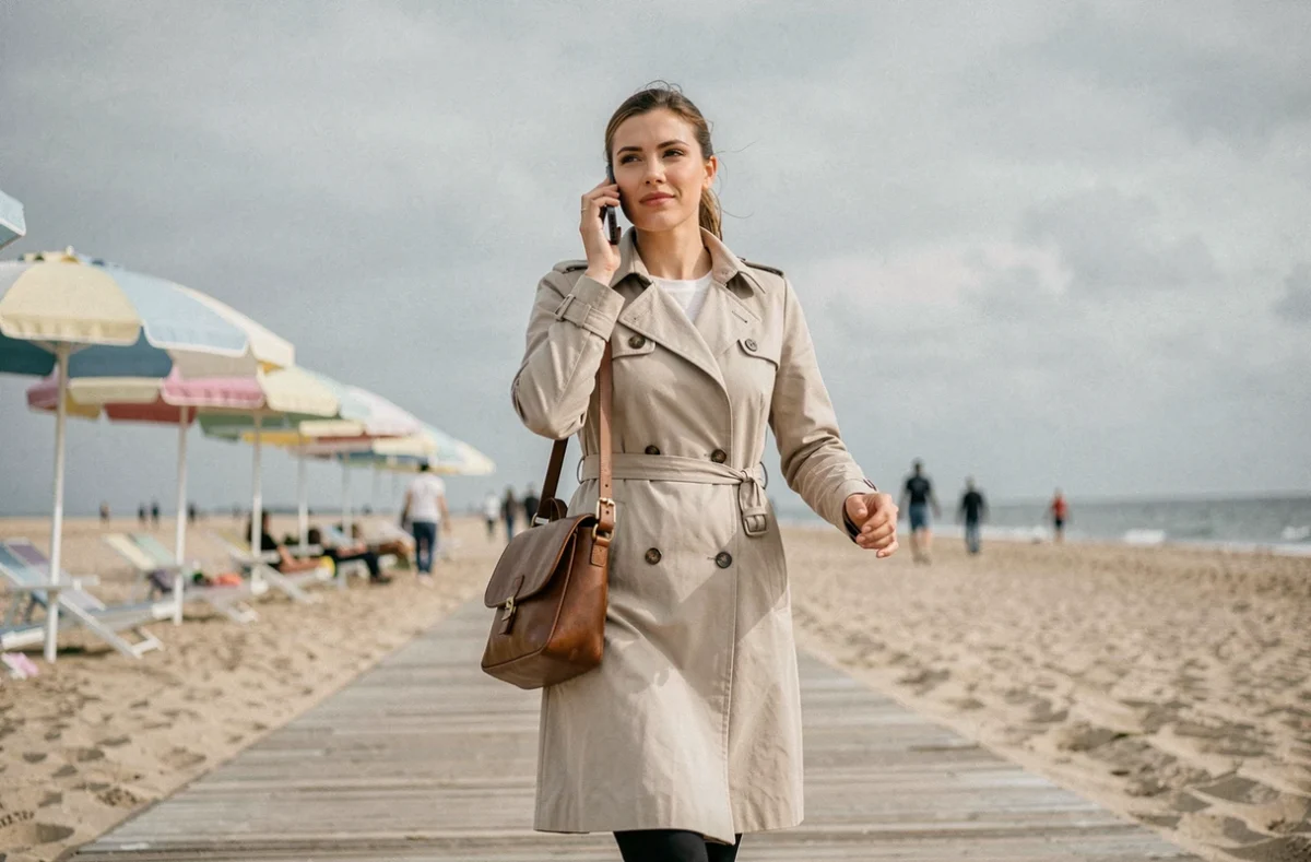 Jeune professionnelle indépendante en portage salarial gérant ses activités au bord de mer à Deauville, Normandie