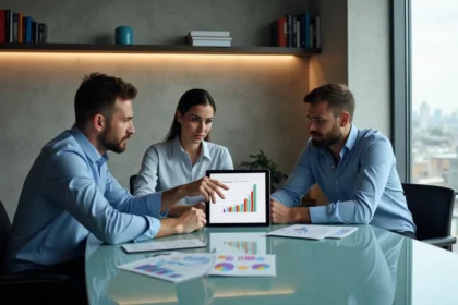 Groupe de professionnels analysant des graphiques dans un bureau moderne