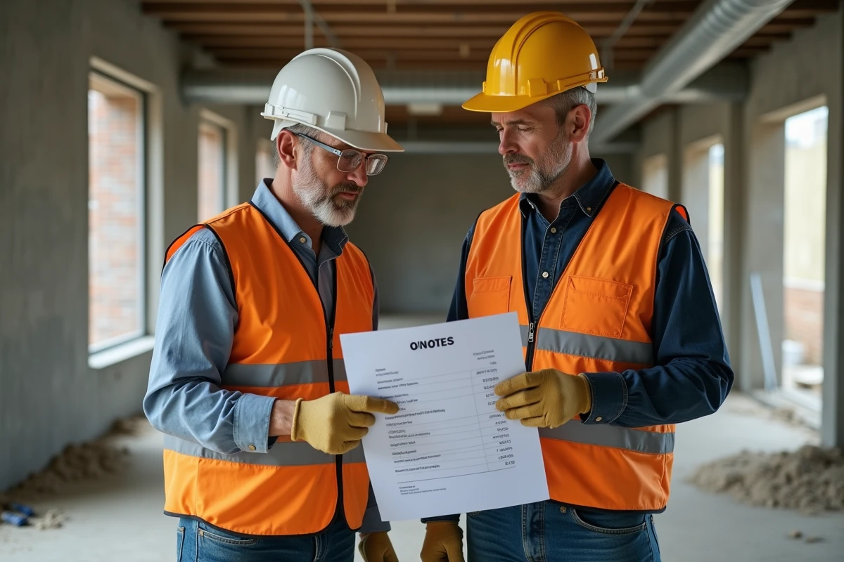 Deux professionnels du BTP discutant des postes d'un devis chantier sur un chantier de rénovation intérieure