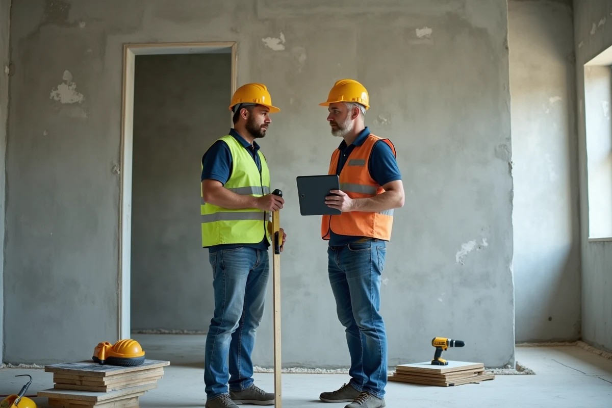 Deux professionnels du BTP discutant d'un devis de travaux urgents dans un chantier de rénovation intérieure