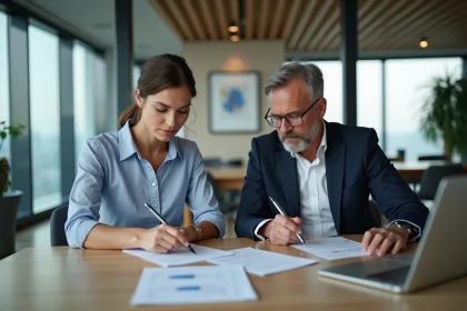 Homme et femme d'affaires examinant des documents d'investissement
