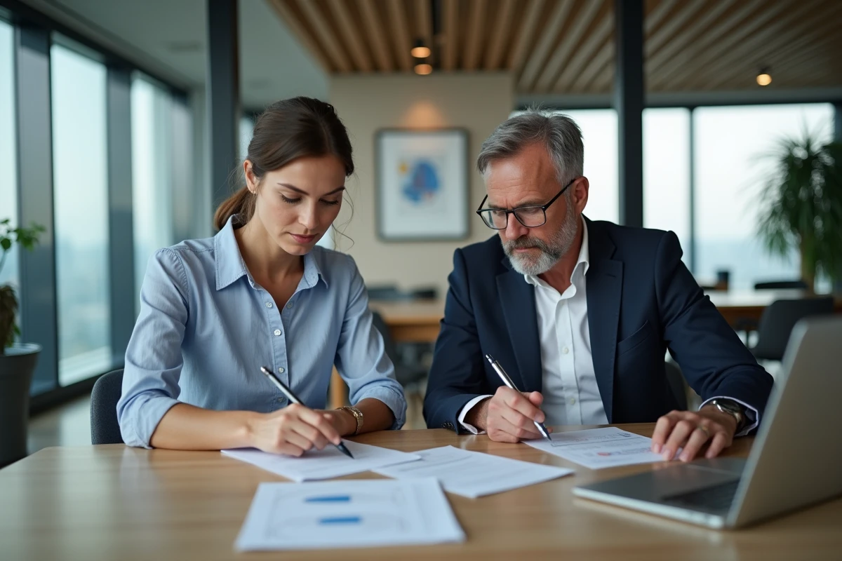 Homme et femme d'affaires examinant des documents d'investissement