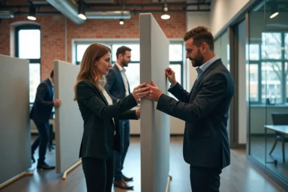 Groupe de professionnels assemblant des panneaux modulaires dans un bureau
