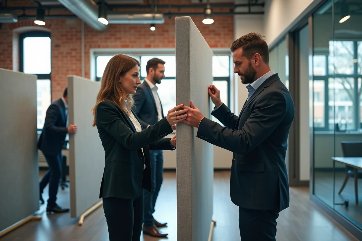 Groupe de professionnels assemblant des panneaux modulaires dans un bureau
