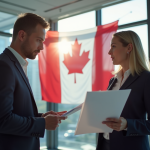 Deux professionnels d'affaires discutant dans un bureau moderne à Montreal avec un drapeau du Quebec en arrière-plan