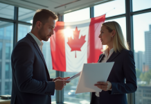Deux professionnels d'affaires discutant dans un bureau moderne à Montreal avec un drapeau du Quebec en arrière-plan