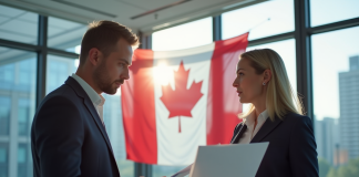Deux professionnels d'affaires discutant dans un bureau moderne à Montreal avec un drapeau du Quebec en arrière-plan