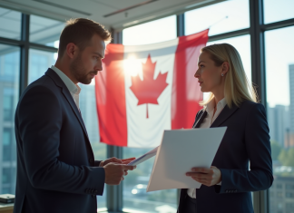 Deux professionnels d'affaires discutant dans un bureau moderne à Montreal avec un drapeau du Quebec en arrière-plan