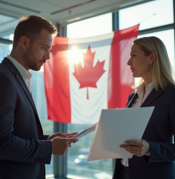 Deux professionnels d'affaires discutant dans un bureau moderne à Montreal avec un drapeau du Quebec en arrière-plan