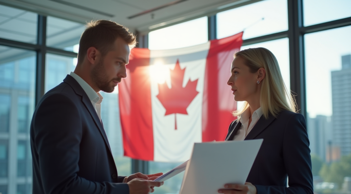 Deux professionnels d'affaires discutant dans un bureau moderne à Montreal avec un drapeau du Quebec en arrière-plan
