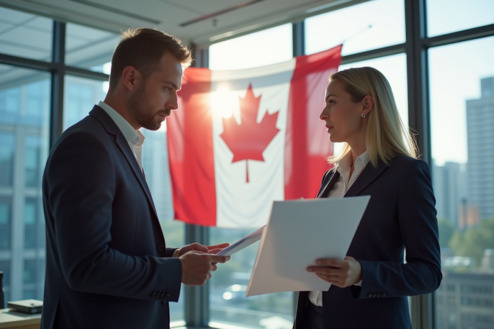 Deux professionnels d'affaires discutant dans un bureau moderne à Montreal avec un drapeau du Quebec en arrière-plan