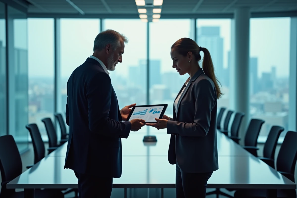 Deux professionnels RH consultant ensemble un tableau de bord de gestion des employés sur une tablette en salle de réunion