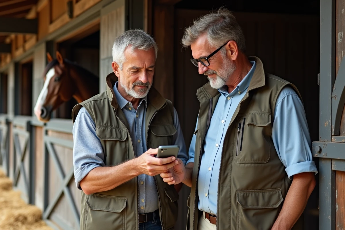 Deux professionnels du trot consultant les données Infonet5 sur smartphone dans un environnement d'écurie