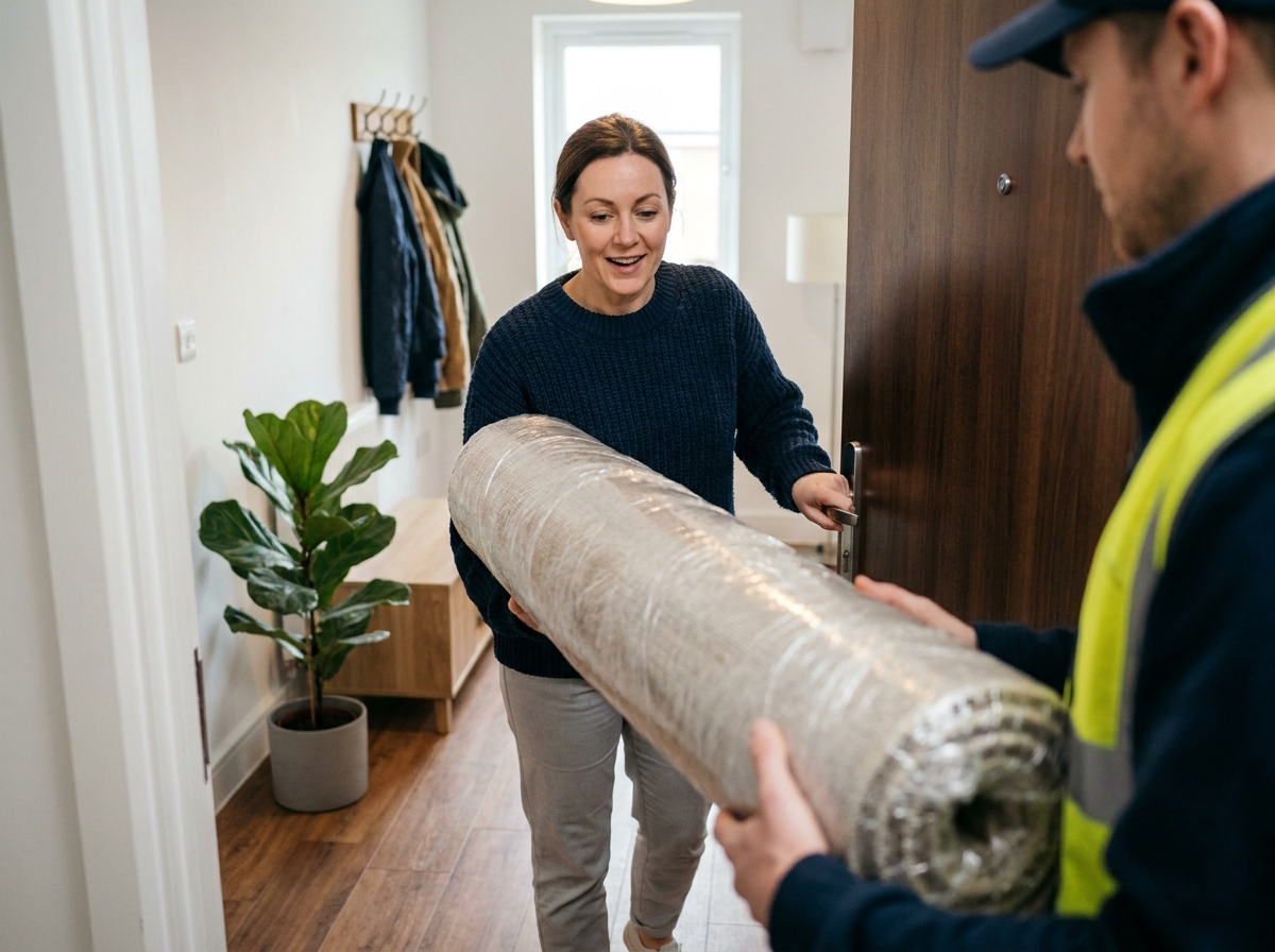 Cliente recevant une livraison de tapis volumineux à la porte de son appartement