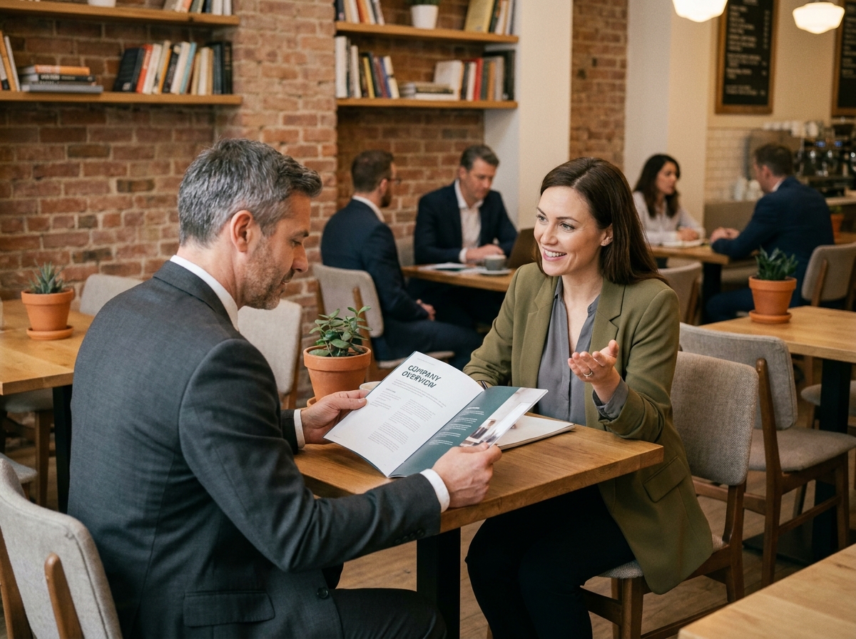Professionnel expérimenté discutant avec un recruteur dans un café, représentant une approche humaine de la marque employeur