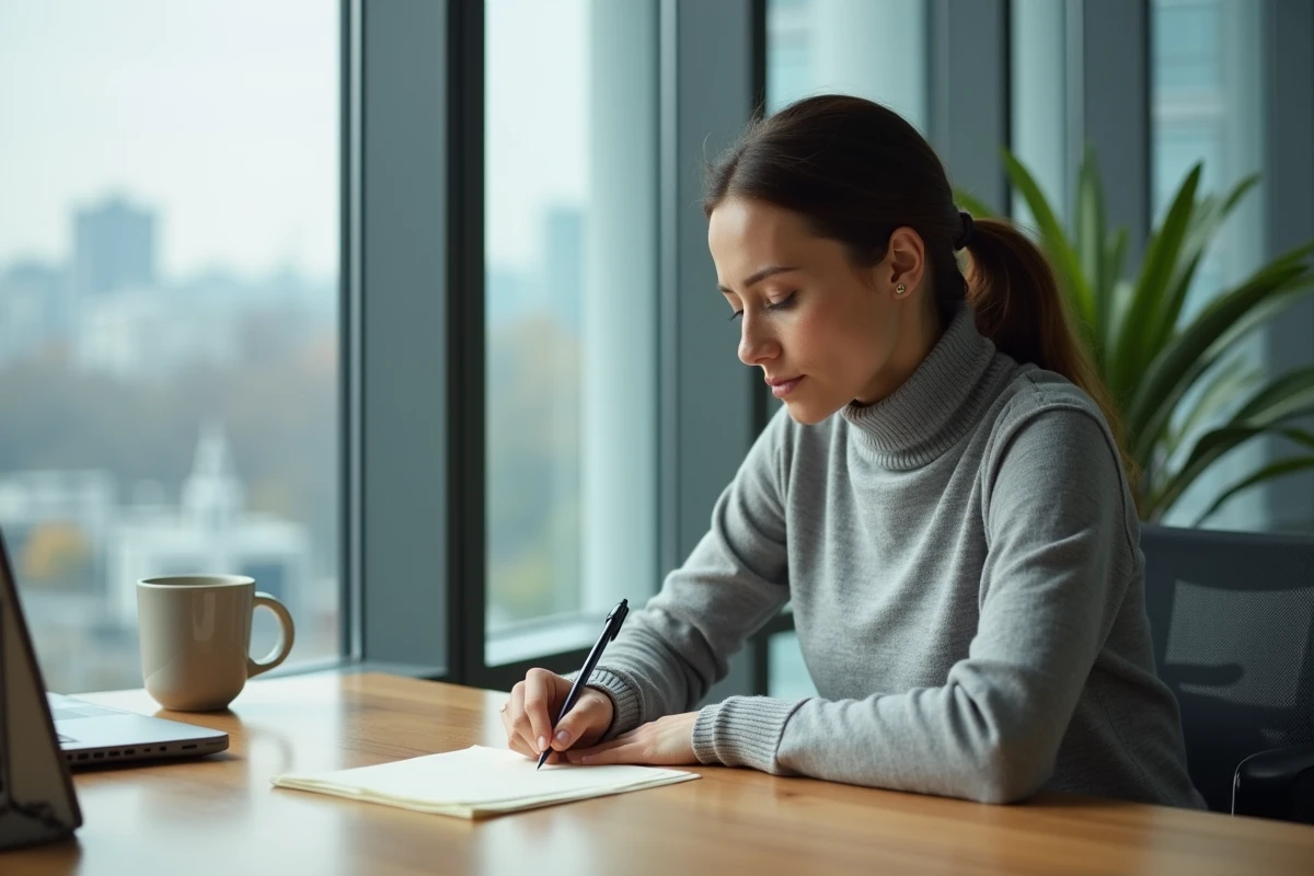 Femme concentrée rédigeant un message de départ respectueux à la main sur du papier crème, assise seule dans un bureau calme avec vue sur la ville