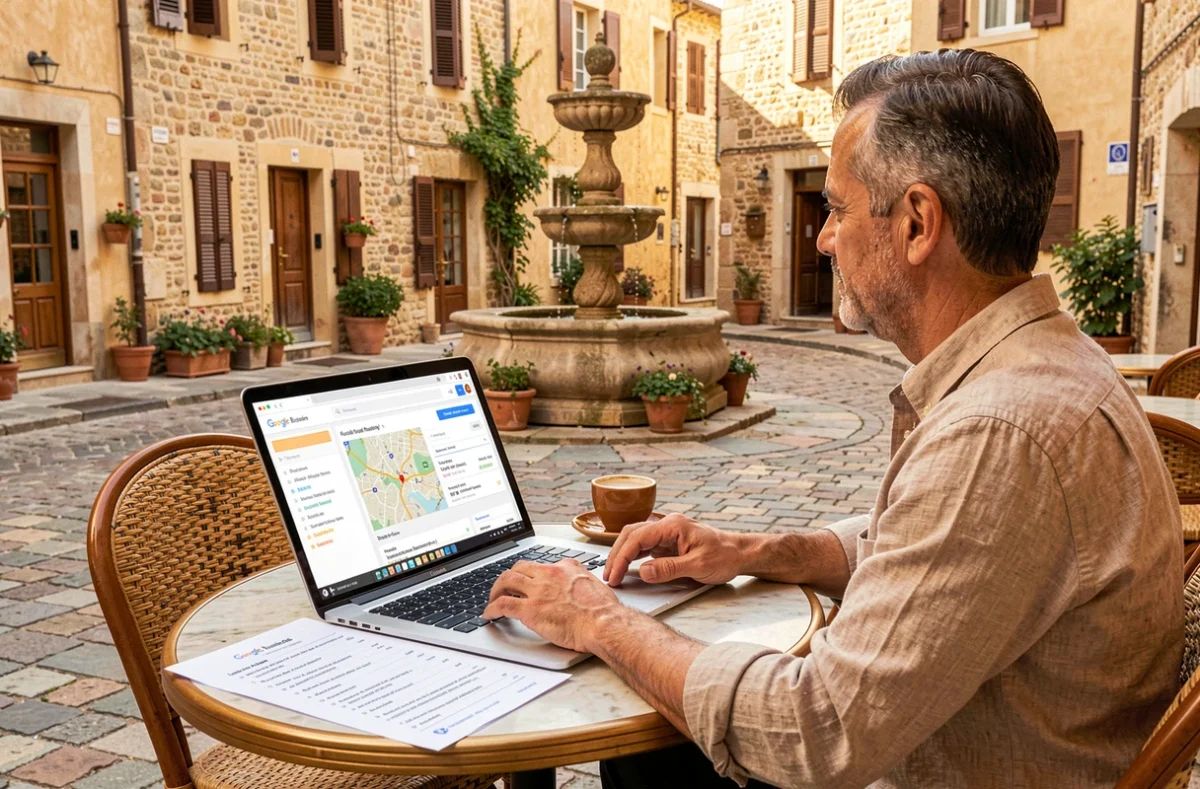 Consultant en référencement local gérant un profil Google Business et analysant des positions locales sur Google Maps depuis une terrasse de café en Provence