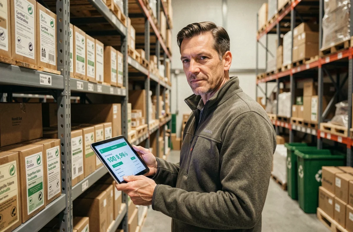 Responsable des achats inspectant des produits certifiés durables dans un entrepôt avec étiquettes éco-responsables visibles