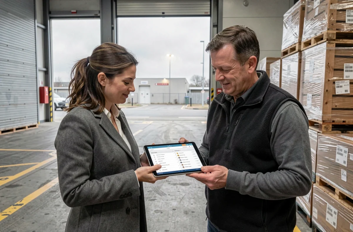 Deux responsables logistiques consultant des données de traçabilité RFID et blockchain sur tablette dans un centre de distribution aux portes de Paris