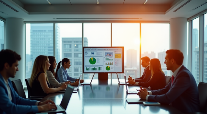 Réunion dans un bureau moderne avec professionnels divers