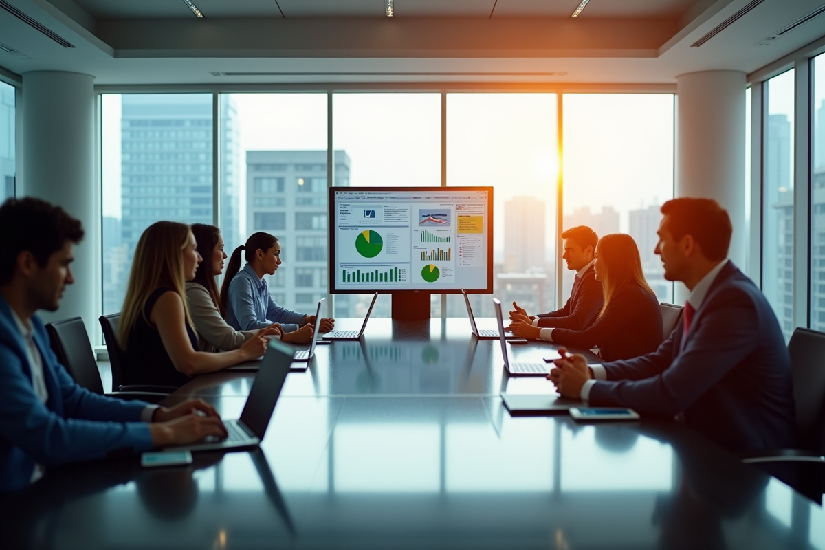 Réunion dans un bureau moderne avec professionnels divers