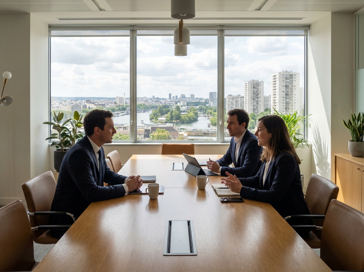 Groupe de collègues en réunion dans un bureau avec vue sur la ville