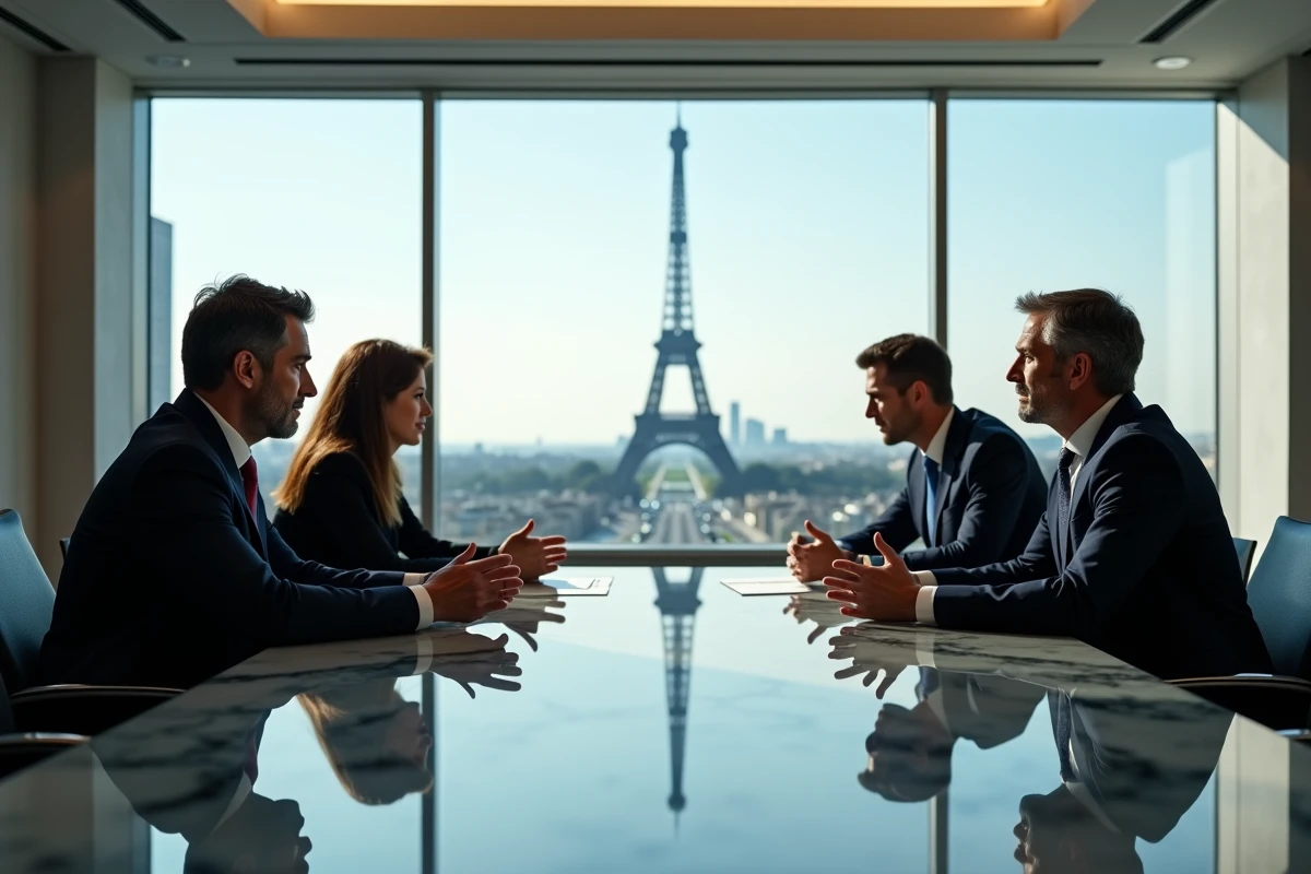 Groupe de dirigeants en réunion dans une salle élégante à Paris