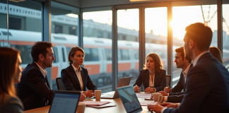 Réunion d'employés SNCF dans une salle moderne