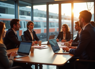 Réunion d'employés SNCF dans une salle moderne