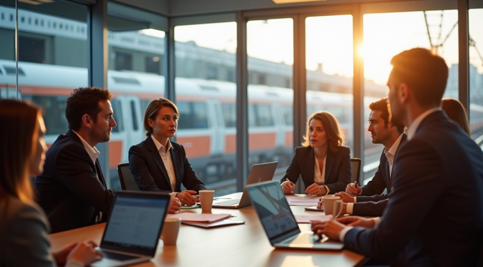 Réunion d'employés SNCF dans une salle moderne