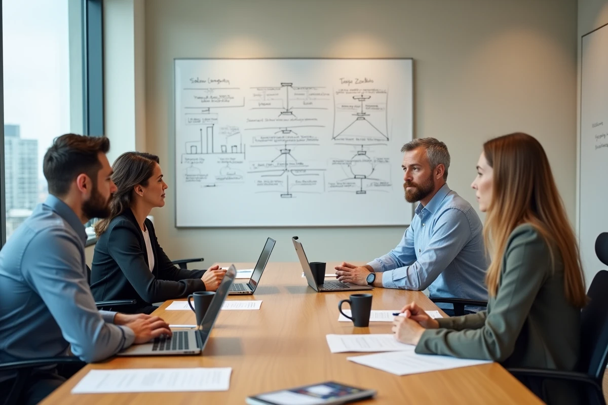Équipe de managers en réunion stratégique autour d'une table de conférence avec rapports et ordinateurs portables
