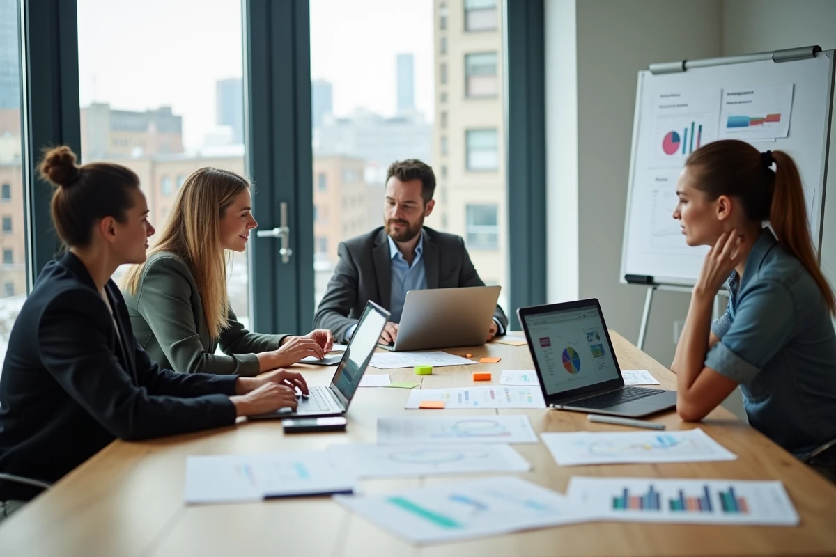 Équipe de professionnels analysant des données numériques et des stratégies e-commerce lors d'une réunion dans un bureau moderne, illustrant la mutation du secteur tertiaire