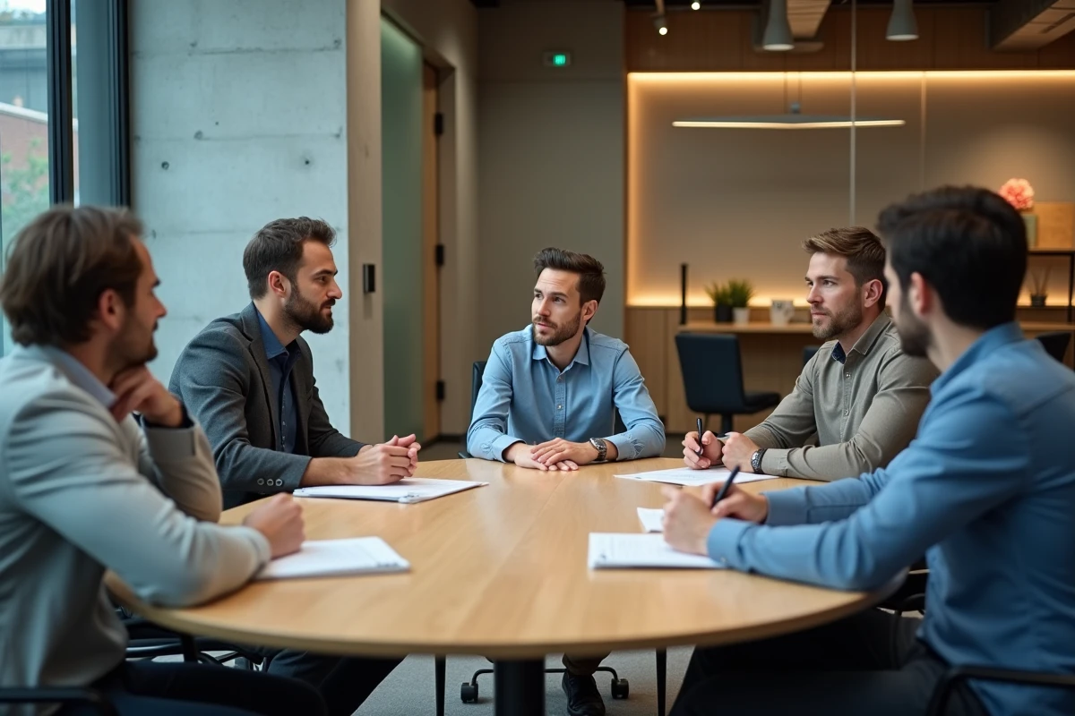 Groupe de professionnels réunis autour d'une table de réunion en discussion, illustrant les nuances de communication au sein d'un groupe de travail