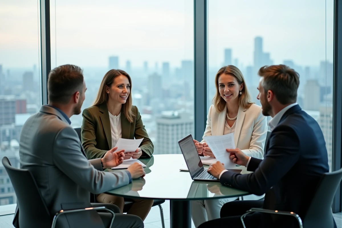 Groupe de professionnels en réunion de networking autour d'une table de conférence avec vue sur la ville