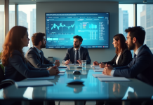 Groupe de professionnels en réunion avec graphiques numériques