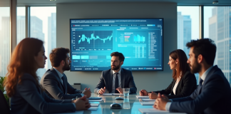 Groupe de professionnels en réunion avec graphiques numériques