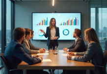 Groupe de professionnels autour d'une table avec tableau digital